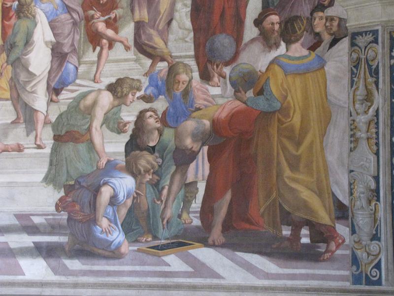 raphaels rooms_school of athens_detail.jpg - School of Athens. Rechts in de schildering staat Euclides. Hij word vaak de vader van de meetkunde genoemd. Let op de 2 mannen die geheel rechts staan.